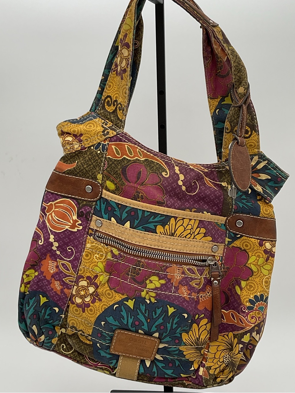 Fossil Long Live Vintage Retro Patchwork Floral Bag with Charm